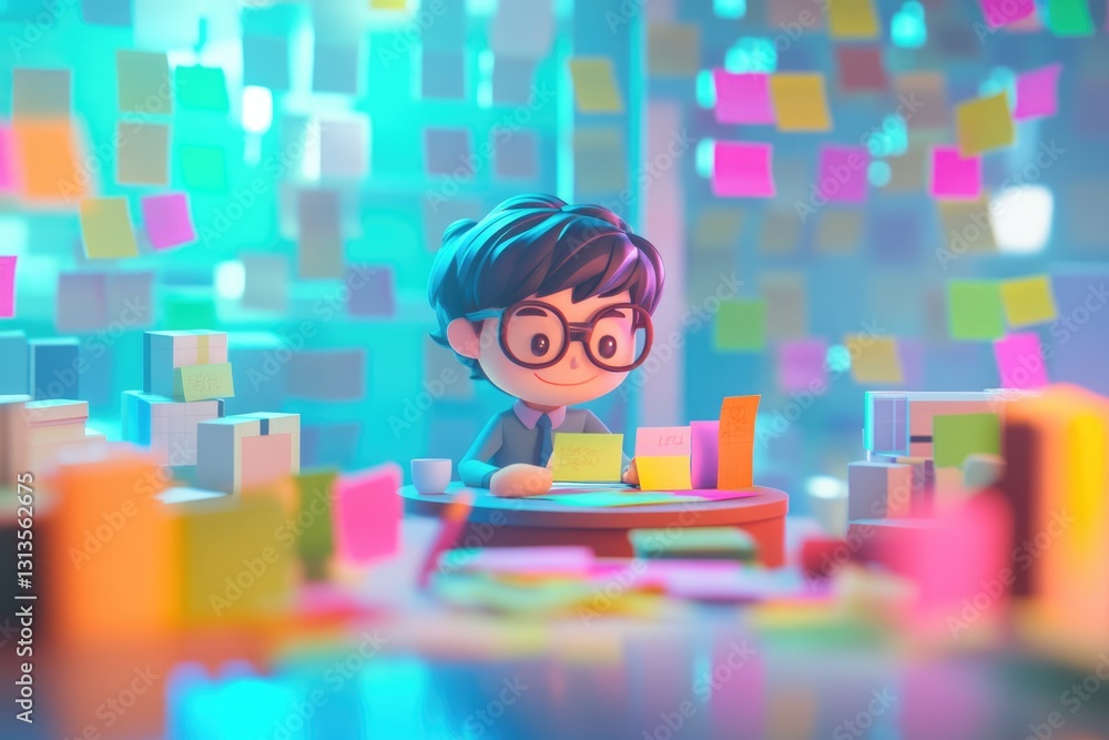 Poster a 3d cartoon character works amidst colorful sticky notes and boxes, showcasing a busy workspace.
