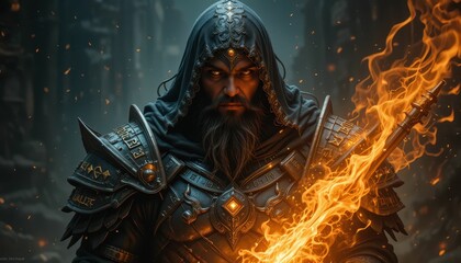 Dark Fantasy Warrior Holding Fiery Sword in Mysterious Setting
