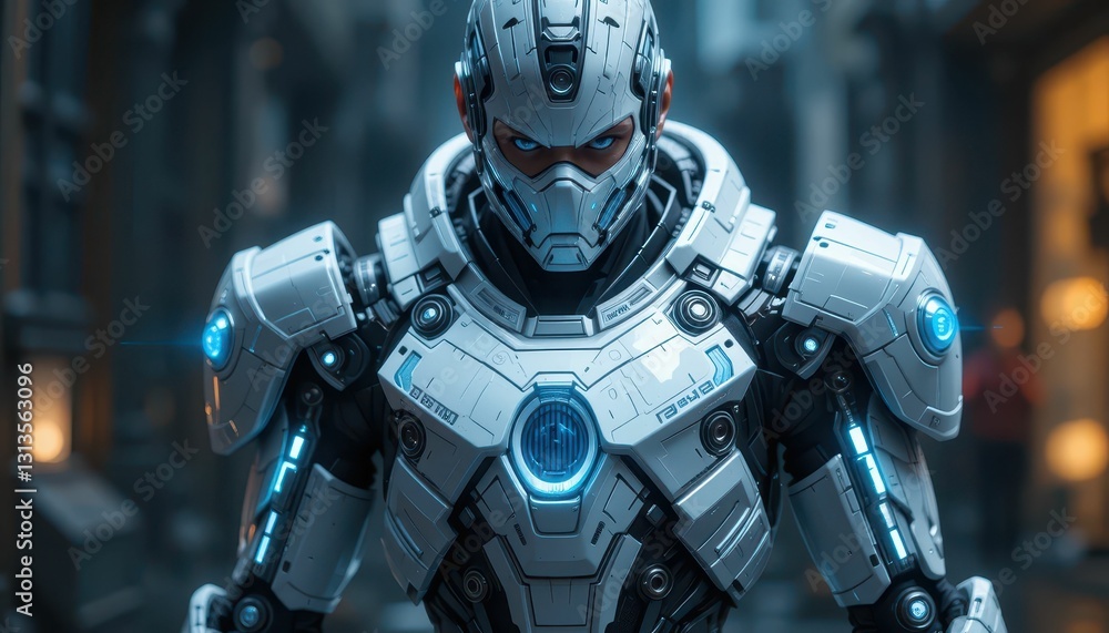 Poster futuristic hero in metallic armor displaying advanced technology features
