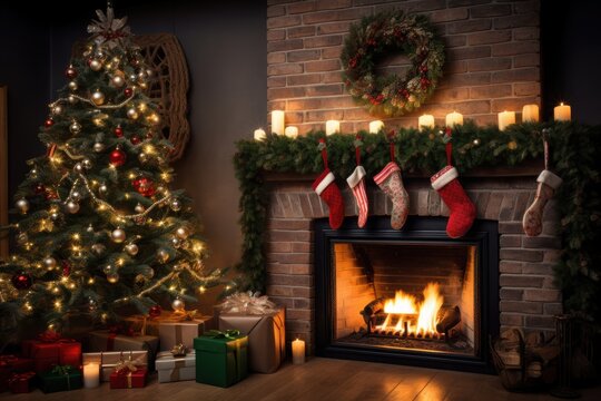 Christmas tree and holiday decoration at home around fireplace