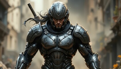 Naklejka premium Futuristic Warrior in Metallic Armor Stands Strong in Urban Setting
