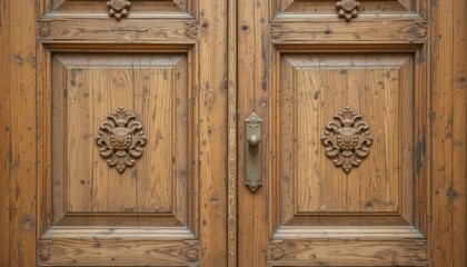 Vintage Wooden Door with Ornate Design and Brass Handle Close-Up