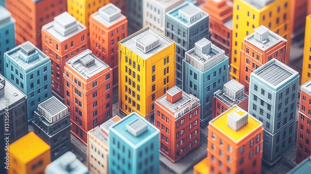 Poster vibrant cityscape abstract architectural rendering with playful geometric building formations and un
