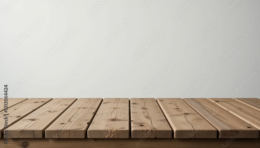 Poster wooden table surface with blank wall background for product display