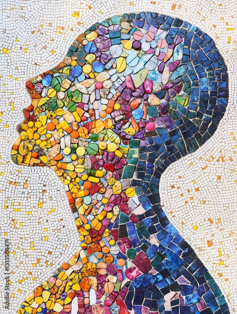 Poster intricate mosaic of colorful pills forming a human silhouette with artistic depth and golden ratio a