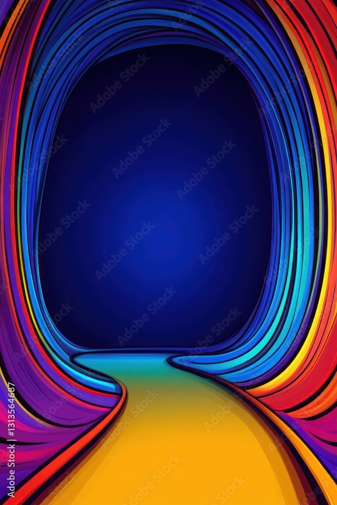 Poster abstract oval tunnel with colorful flowing lines leads to dark blue depth and bright gradient light 