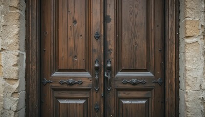 Fototapeta premium Rustic Wooden Door with Vintage Hardware in Stone Wall Setting