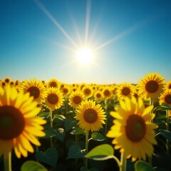 Fototapeta premium Sunflower Field Under Clear Blue Sky – Capturing the Radiance of Summer's Beauty