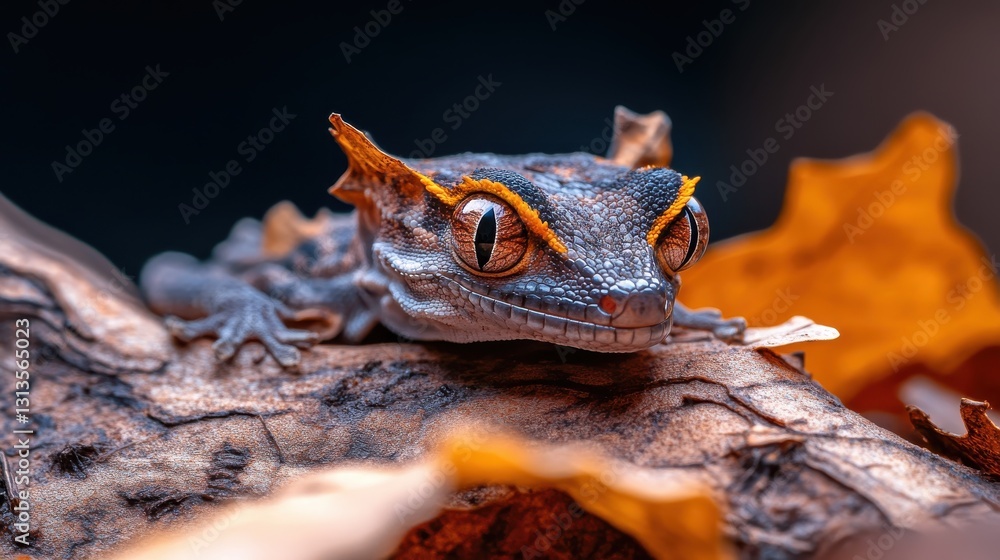 Poster close-up of a colorful gecko with distinctive features resting on a fallen leaf in a natural environ