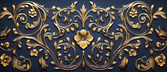 Intricate Golden Floral Relief Pattern on Dark Background with Elegant Swirls and Lush Details Capturing a Sense of Luxury and Craftsmanship