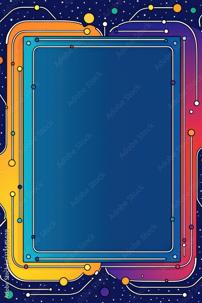 Poster abstract rectangle frame with colorful circuits on a starry dark background, space, technology, desi