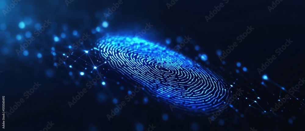 Poster futuristic digital fingerprint surrounded by glowing particles and connections representing high-tec