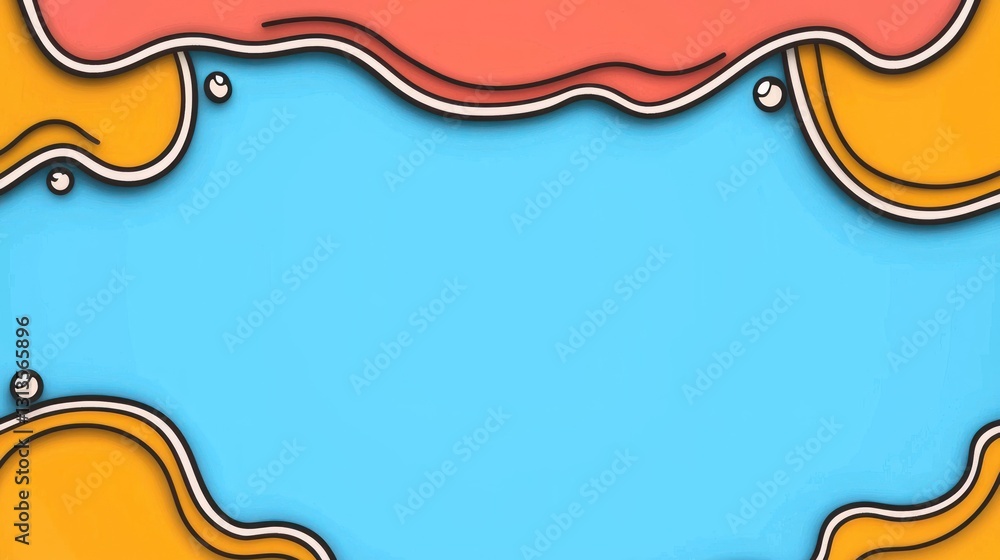 Poster abstract shapes flow downwards, creating a colorful border on a blue surface in a cartoonish style