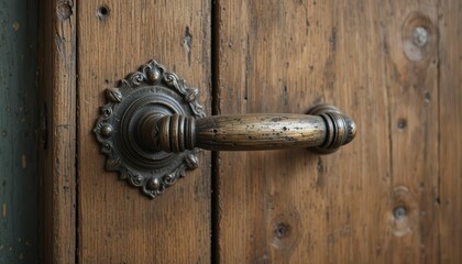 Fototapeta premium Antique Wooden Door Handle with Intricate Design on Rustic Wood