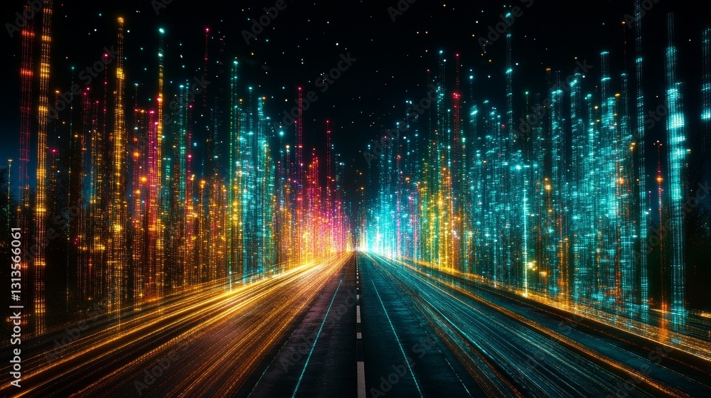 Poster futuristic highway illuminated cityscape with vibrant neon lighting and abstract data streams enhanc