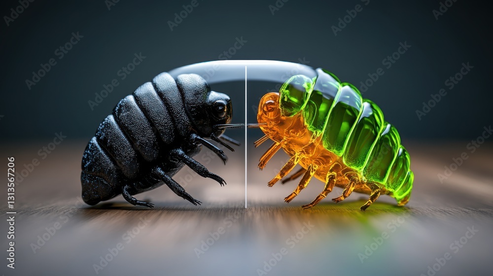 Poster close-up comparison of a black insect and a transparent green insect with unique coloration and text