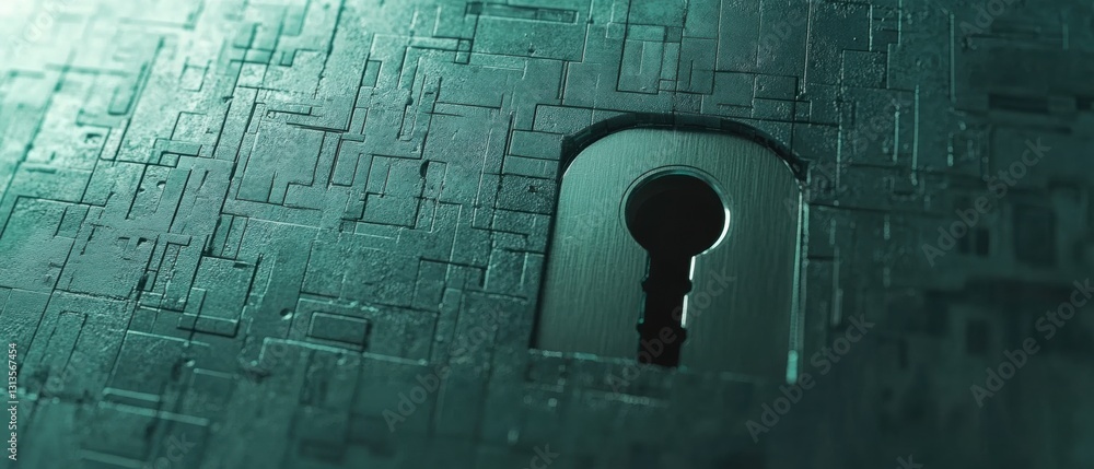 Poster close-up view of a metal keyhole embedded in a textured green circuit board, symbolizing digital sec