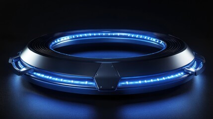 Futuristic ring platform, glowing blue lights, dark background, 3D render, technology concept, sci-fi, mockup
