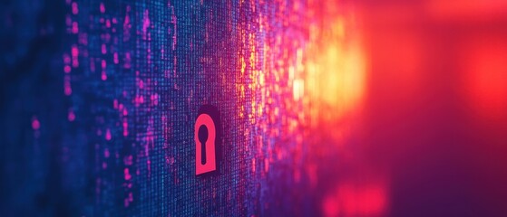 Abstract digital background with glowing lights and a red lock symbol representing cybersecurity and data protection concepts