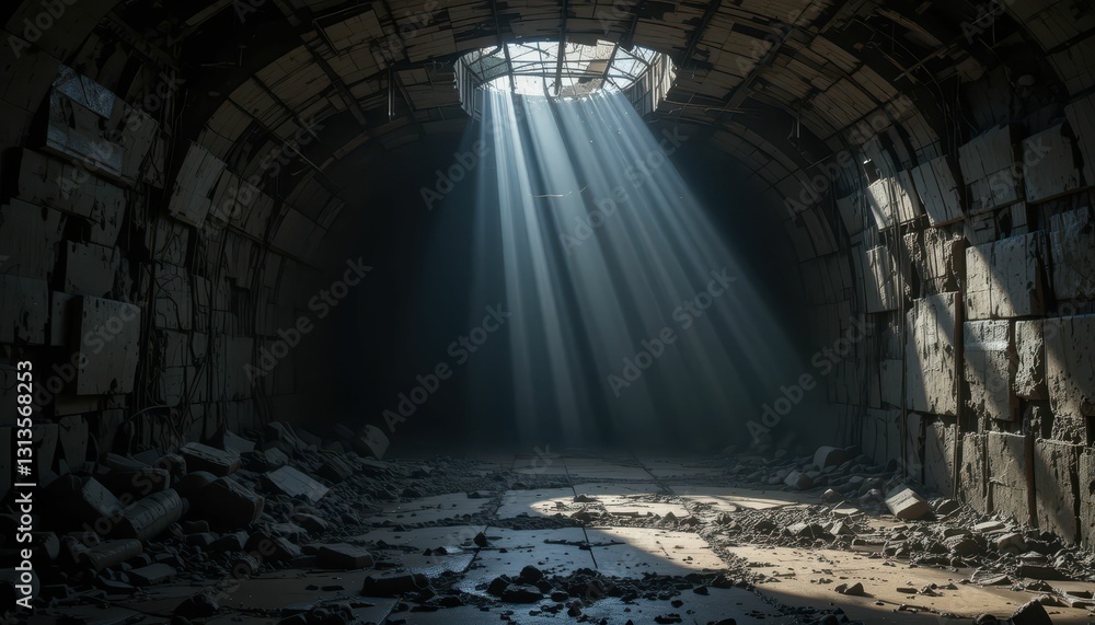 Poster rays of light streaming through a dark abandoned circular space