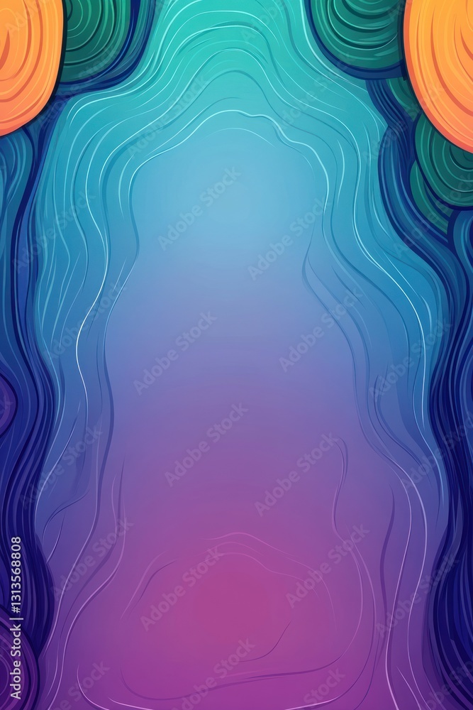 Poster abstract wavy lines flow in a blue purple gradient background with curved designs on both sides
