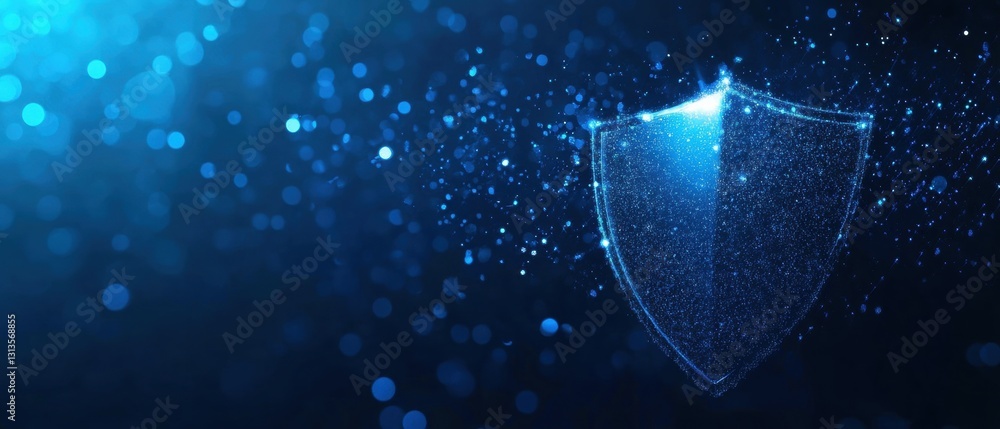 Poster blue digital shield symbol with particle effects against dark background for cybersecurity and prote