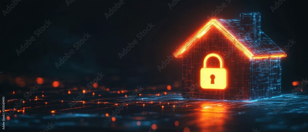Poster digital representation of a secure home with a glowing lock symbolizing cybersecurity and protection