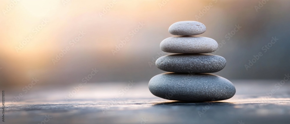 Poster elegant balance of stones creating a tranquil tower in a soft natural environment at sunrise with ge