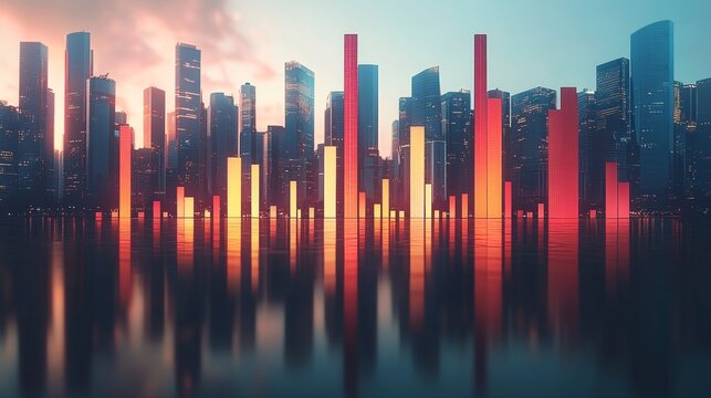 Serene cityscape dusk reflections modern architecture downtown skyline sunset urban landscape financial district peaceful waters