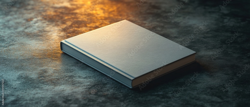 Poster blank hardcover book on textured surface with warm light creating soft shadows, inviting creativity 