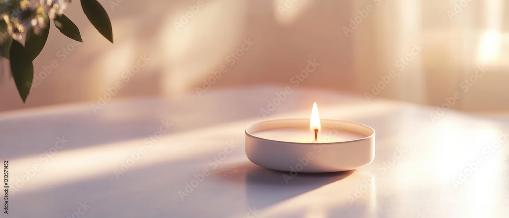 Poster softly glowing candle on table surrounded by warm light with greenery in the background for a serene