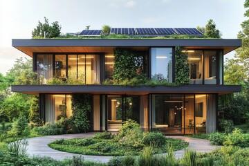 Fototapeta premium Modern house with solar panels, large windows, lush greenery, and circular garden, symbolizing sustainable living.