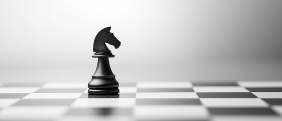 Black chess knight on a checkerboard background representing strategy and intelligence in a minimalist and elegant composition for game enthusiasts