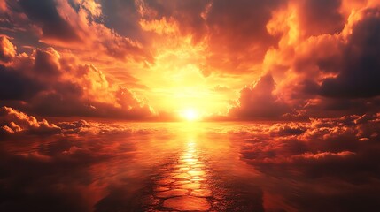 A stunning sunset paints the sky in vibrant oranges and yellows, reflecting beautifully on the calm ocean waters, creating a serene and picturesque view.