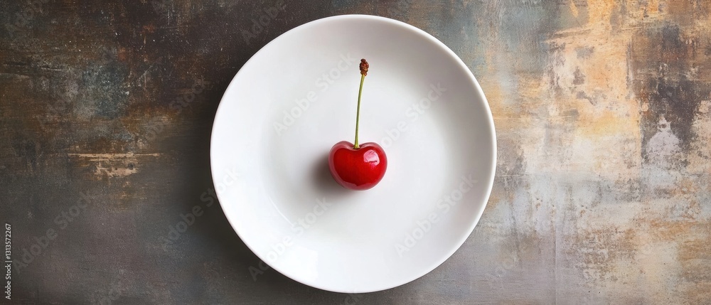Poster single red cherry on a white plate resting on a rustic table with an artistic background displaying 