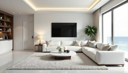 Luxurious white living room with modern furniture and elegant decor, interior, showcase