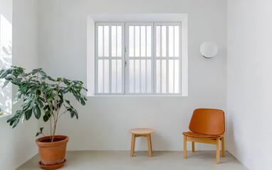 Cozy interior with a plant and minimalist furniture in a bright room during daytime