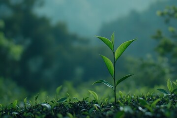 Obraz premium Green tea leaves in a plantation, stock photo contest winner. Close-up, high resolution, highly detailed image with blurred background. The image shows a green tea plant with young and fresh buds, 