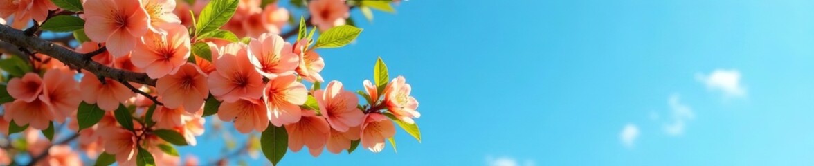 Lush apricot tree in full bloom against bright blue sky, branches, petals, sunny