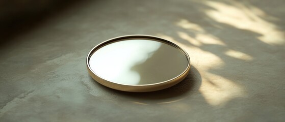 Fototapeta premium Refined Round Mirror on Elegant Surface with Subtle Natural Light Reflection and Soft Shadows Enhancing Minimalistic Interior Design Aesthetic