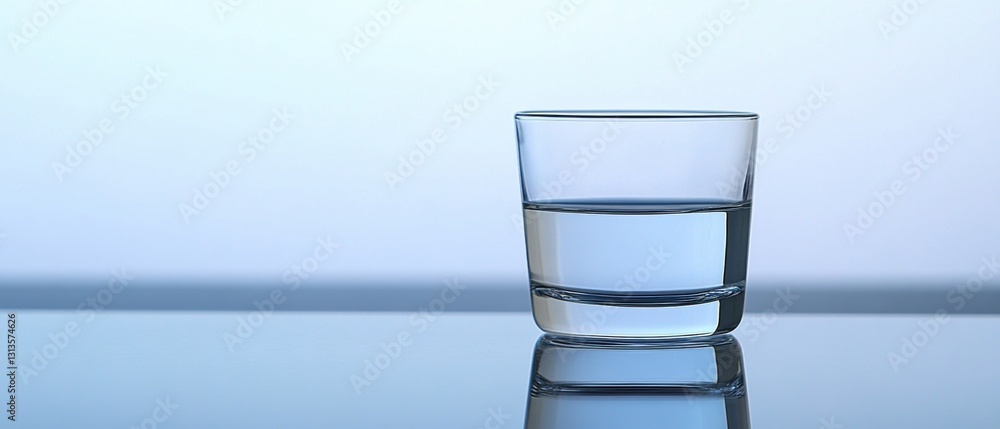 Poster crystal clear glass with water on glossy surface against soft gradient background in calm and serene