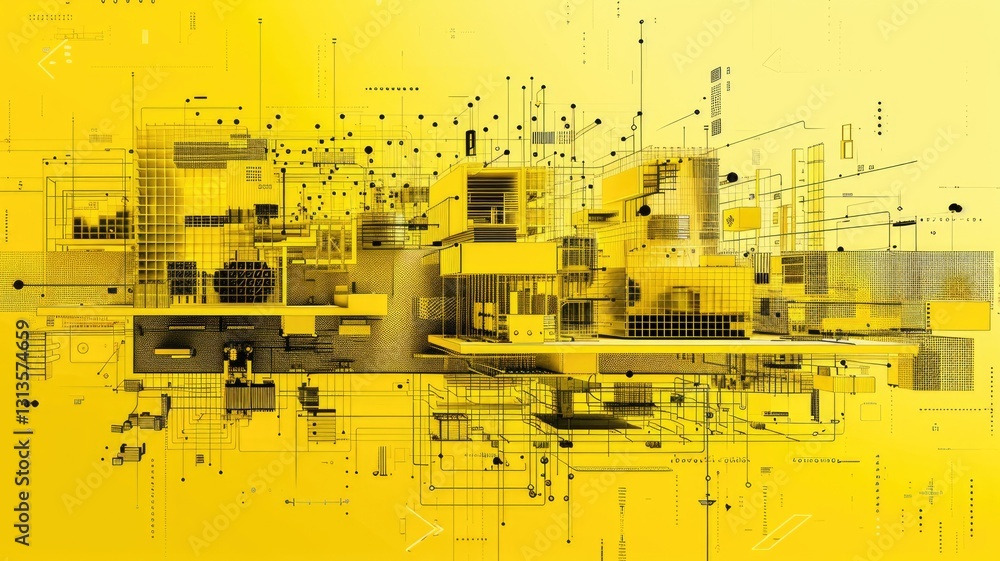 Poster a vivid abstract diagram showcasing microservice software architecture, featuring intricate designs 