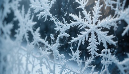 Intricate Snowflakes on Frosted Window Pane Capturing Winter Beauty