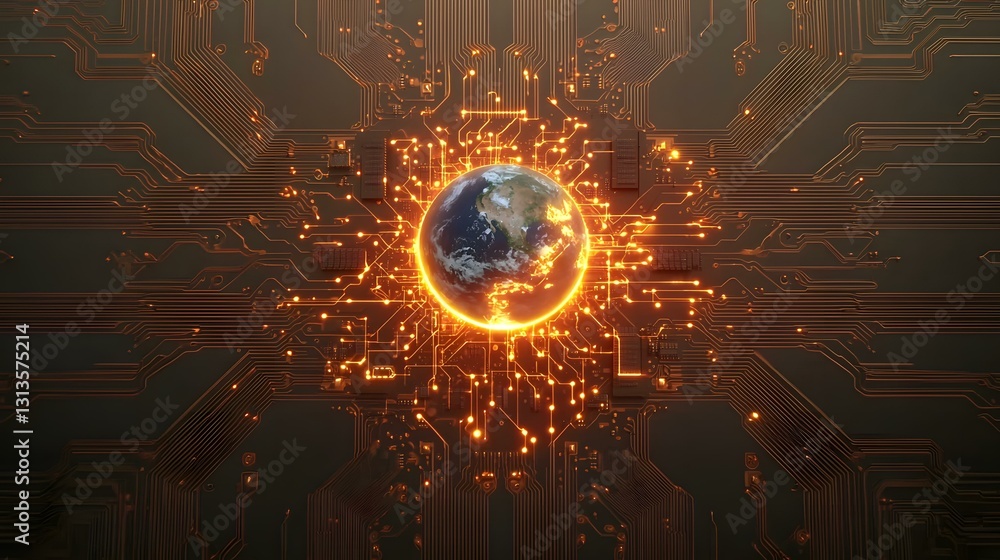 Poster a digitally created image depicting a glowing earth at the center of a circuit board, illustrating t