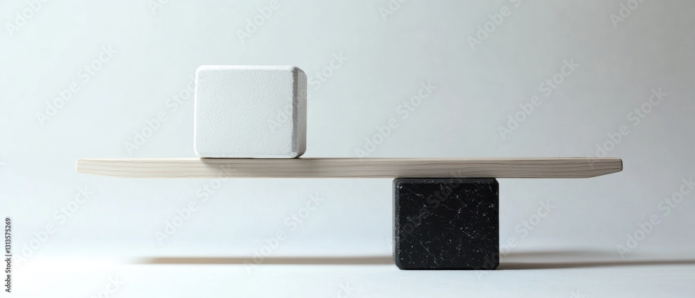Poster minimalist balance of white and black cubes on wooden platform against soft background highlighting 