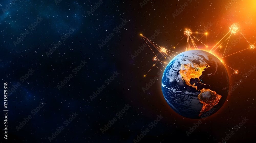 Poster the image shows a nighttime view of earth from space, with glowing lines connecting various points, 