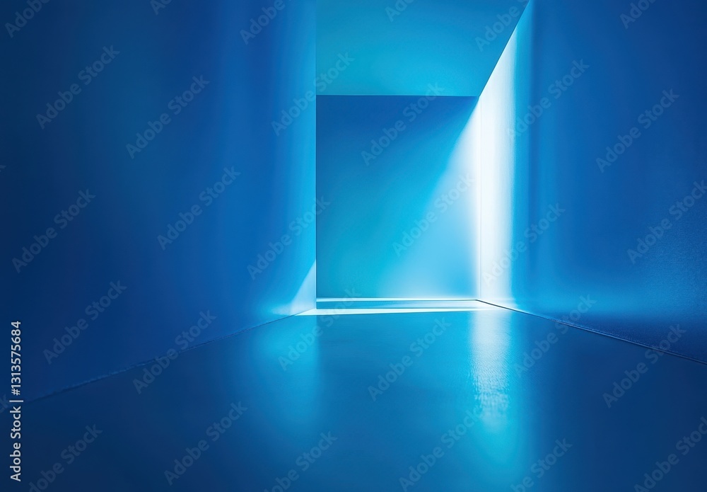 Poster serene blue interior space with soft light casting shadows, evoking calmness and tranquility in a mi