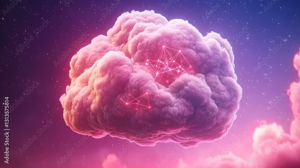 Poster a large, fluffy pink cloud floats against a purple and pink evening sky, illuminated internally by a