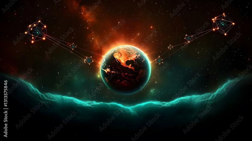 Poster the image shows a stylized depiction of earth in space, illuminated by a fiery orange glow. several 
