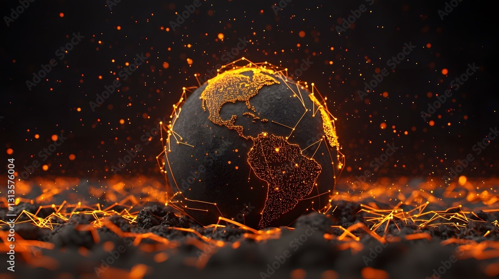 Aufkleber a dark, textured globe representing the earth is depicted, with glowing orange lines connecting poin